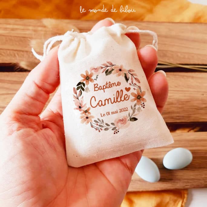 Sac ballotin dragées Couronne de fleurs nude