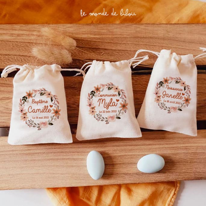 Sac ballotin dragées Couronne de fleurs nude