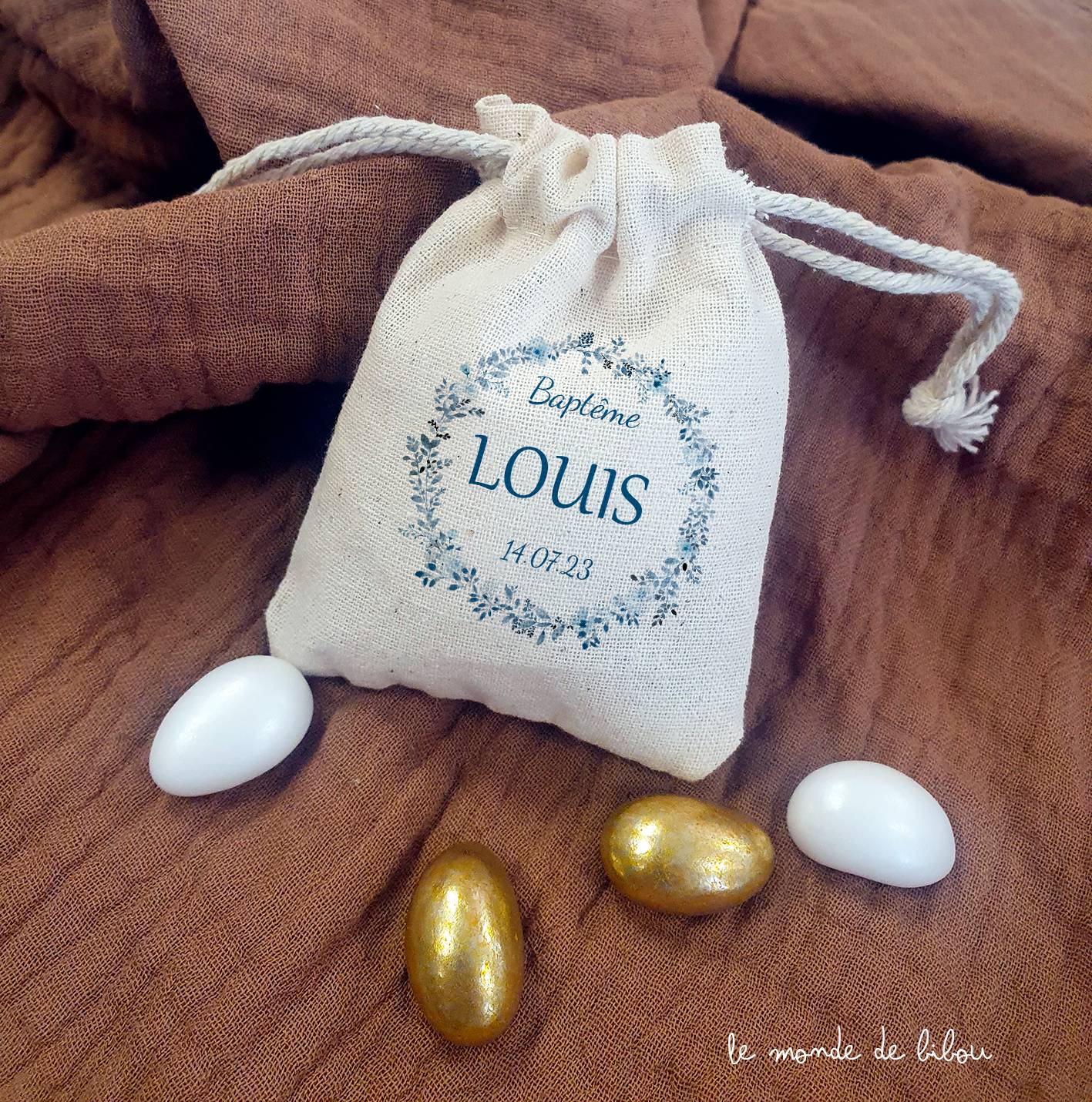 Sac dragées personnalisé couronne bleue bohème