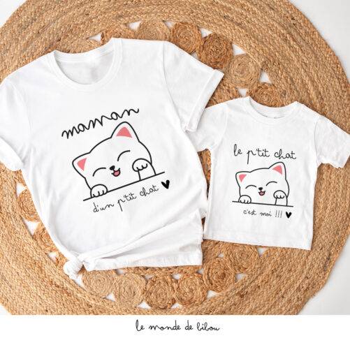 Duo T-shirts maman enfant p'tit chat