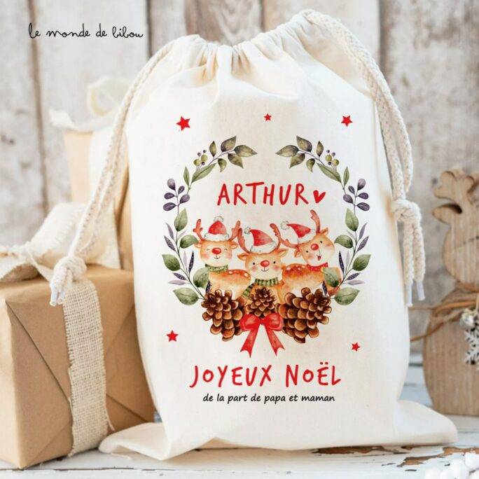 Hotte à cadeaux Rennes de Noël taille XS