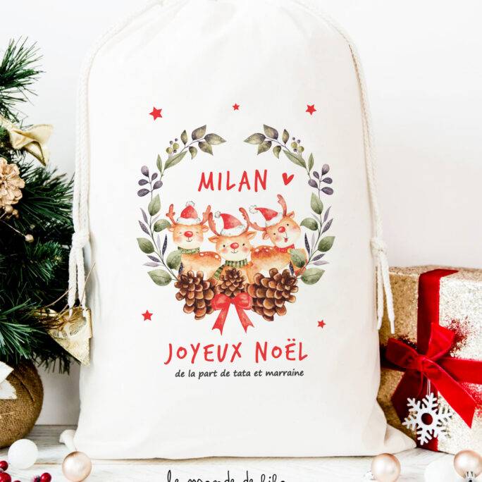 Hotte à cadeaux Rennes de Noël taille L