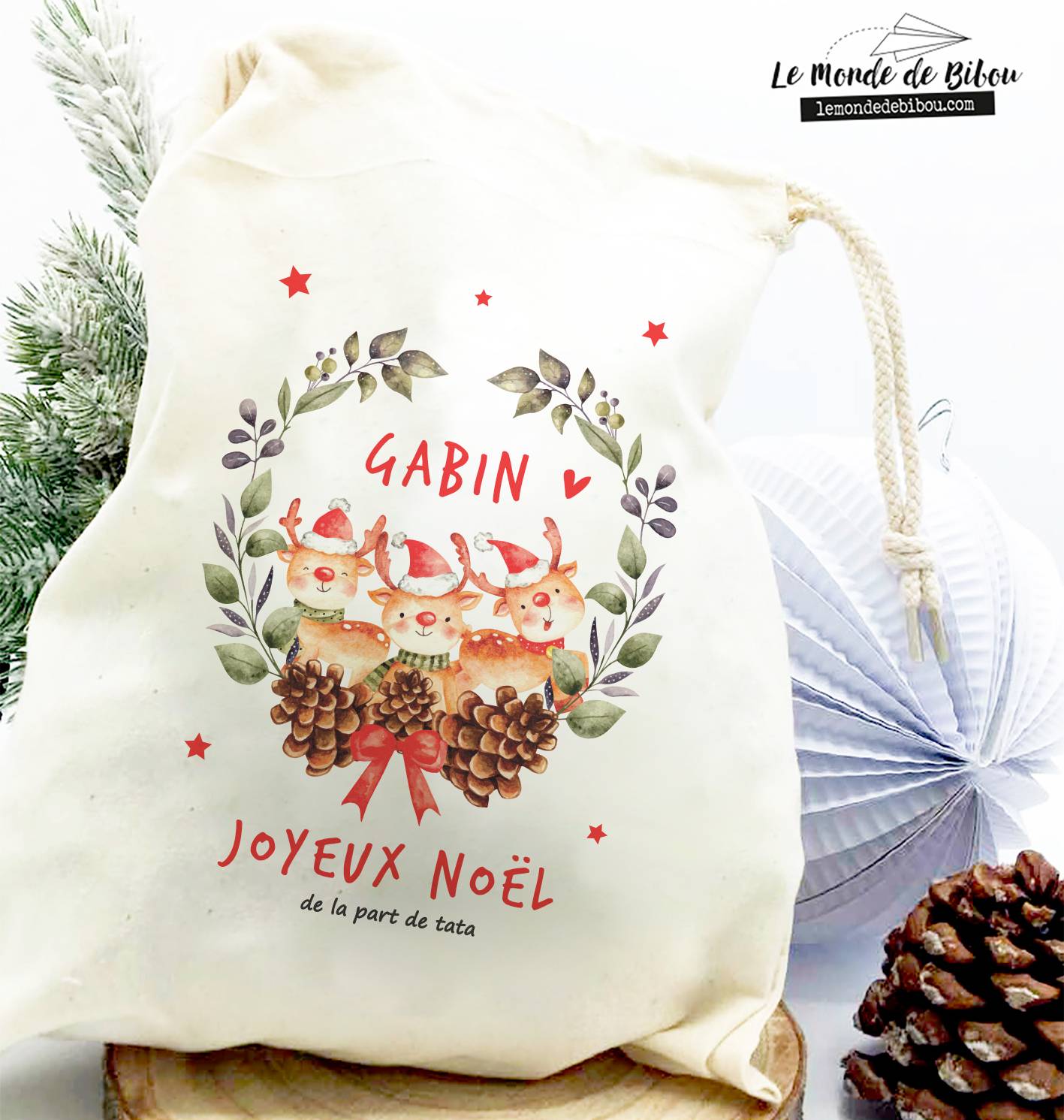 Hotte à cadeaux Rennes de Noël taille S