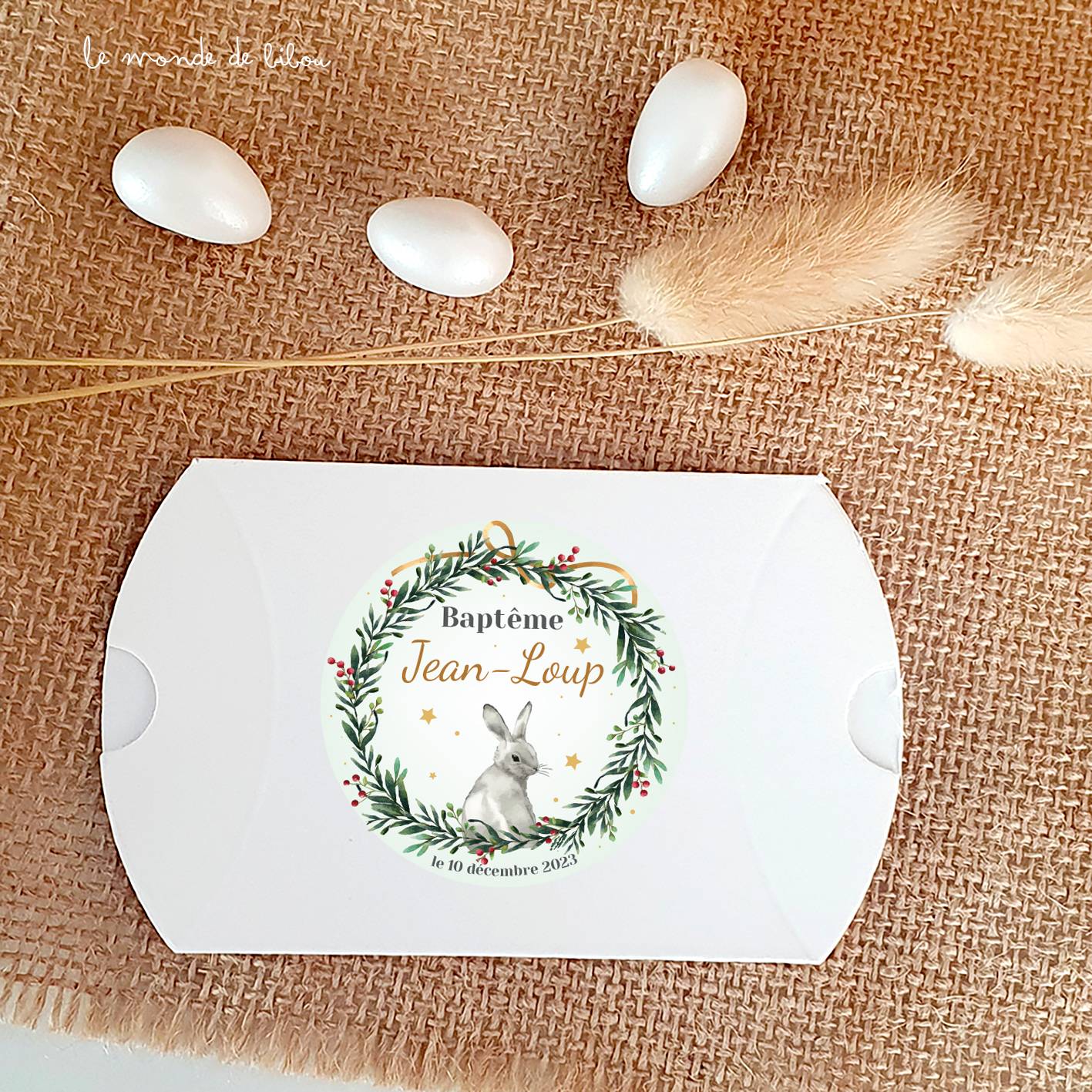 Boîte dragées carton couronne de Noël lapin
