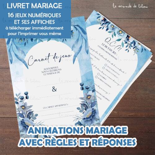 LIVRET JEU ANIMATION MARIAGE AQUARELLE BLEU